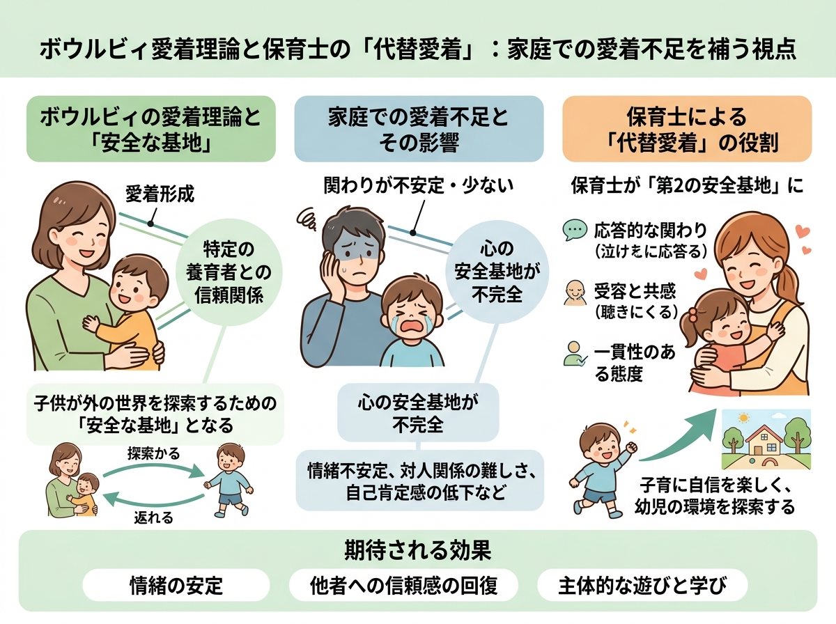 ボウルビィ愛着理論と保育士の「代替愛着」：家庭での愛着不足を補う視点