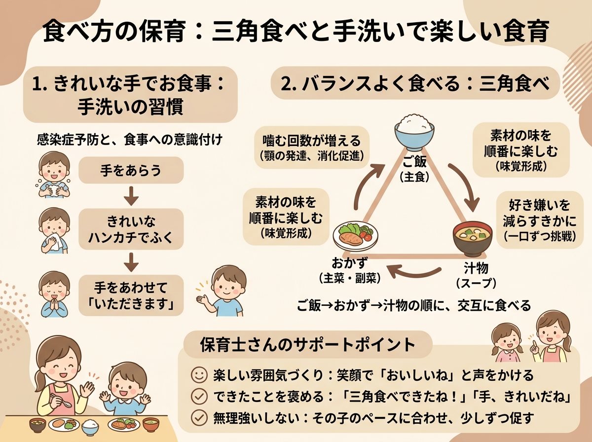 食べ方の保育で三角食べと手洗いを食育にする